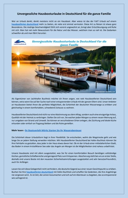 Finden Sie die besten Angebote für Hausbootferien in Deutschland | PDF