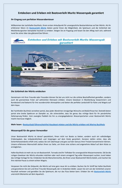 Entdecken Sie Bootsverleih Muritz fur unvergessliche Wasserausfluge | PDF