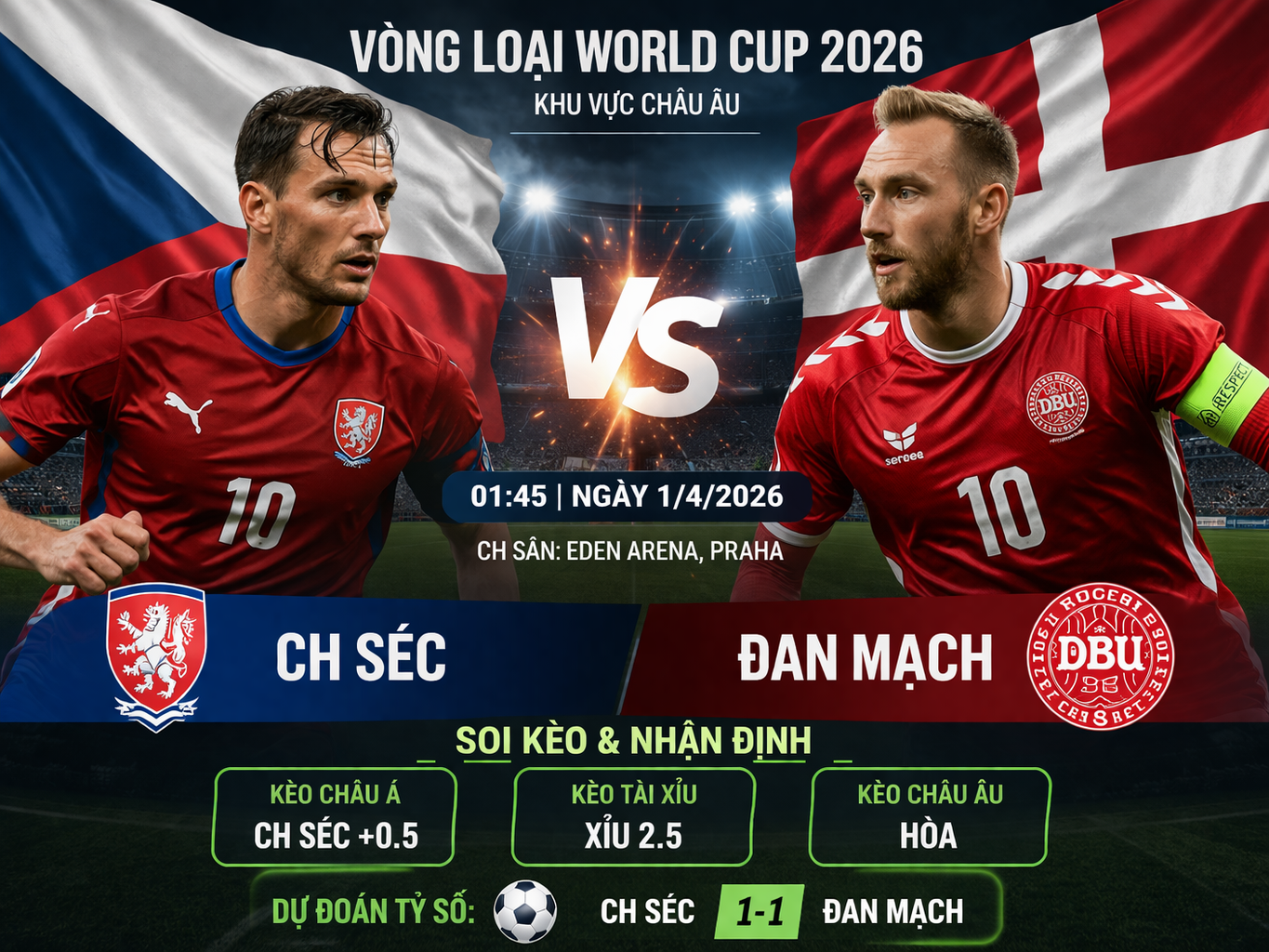 Soi kèo CH Séc vs Đan Mạch, 1h45 ngày 1/4 – Vòng loại World Cup 2026