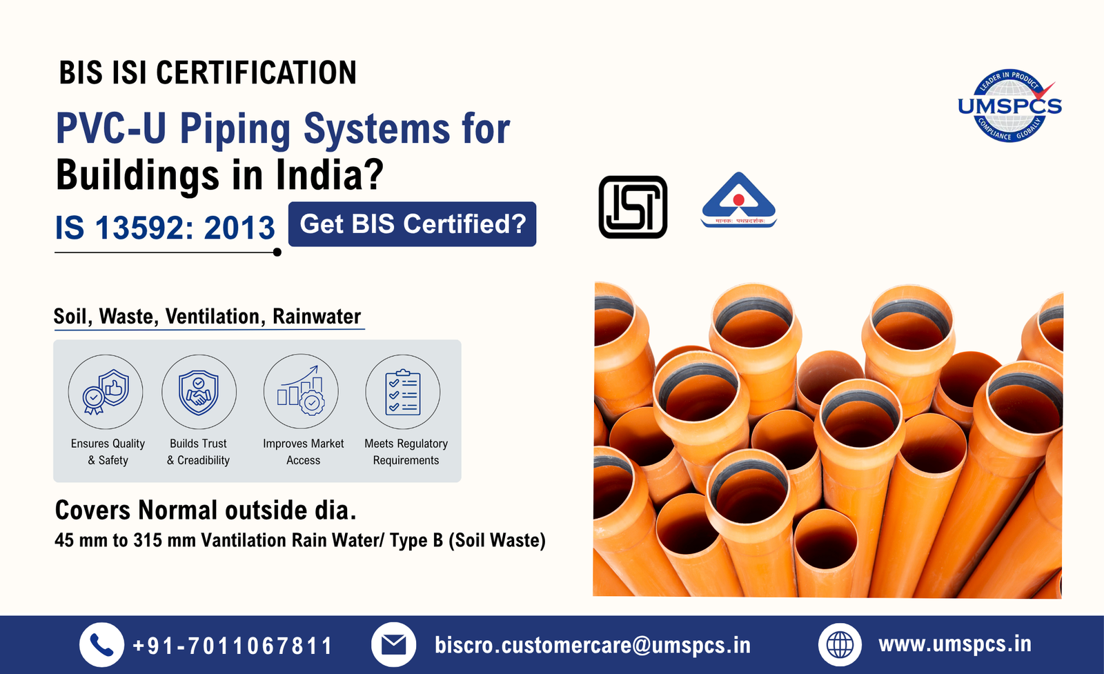 BIS ISI Certification for PVC-U, Waste & Rainwater Pipes - UMSPCS